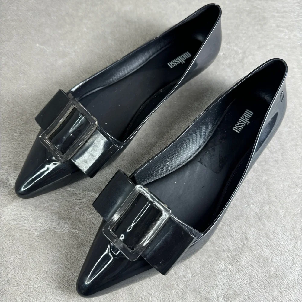 Melissa Black Pointed Toe Flats with Decorative Buckle